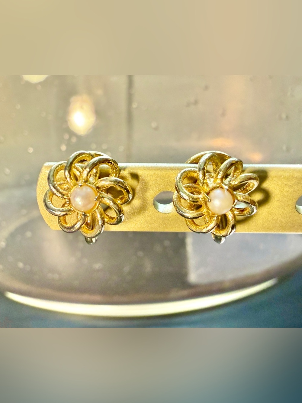Vintage Mid Century Dainty Gold Tone Faux Pearl Swirl Flower Clip On Earrings